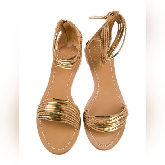 Tory Burch Tan Mignon Rings Strappy Ankle Strap Leather Sandals Size 9 - Picture 4 of 10